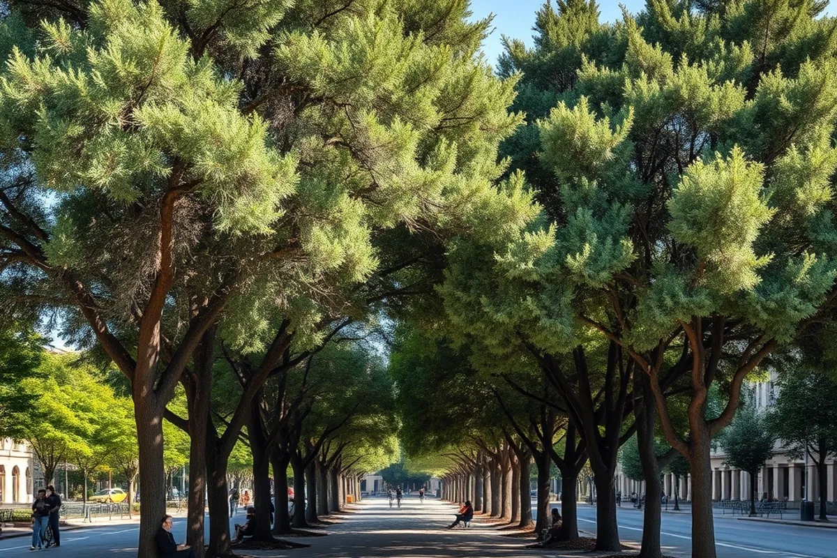 Shaded public plaza in a city during hot weather