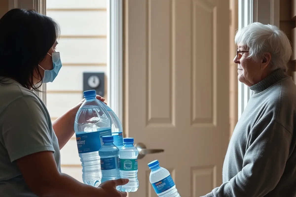 Volunteer delivering water and checking on an older resident at home