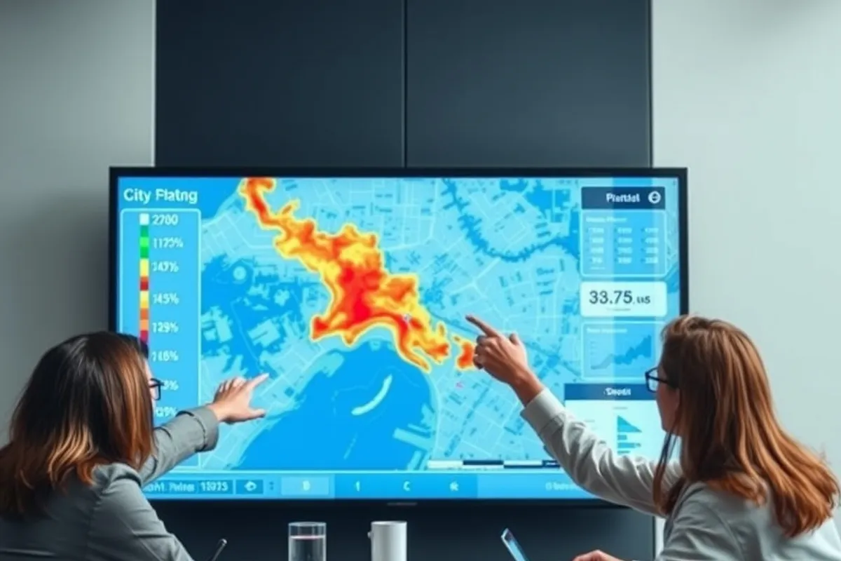 City planners reviewing a heat map on a large screen in a meeting room