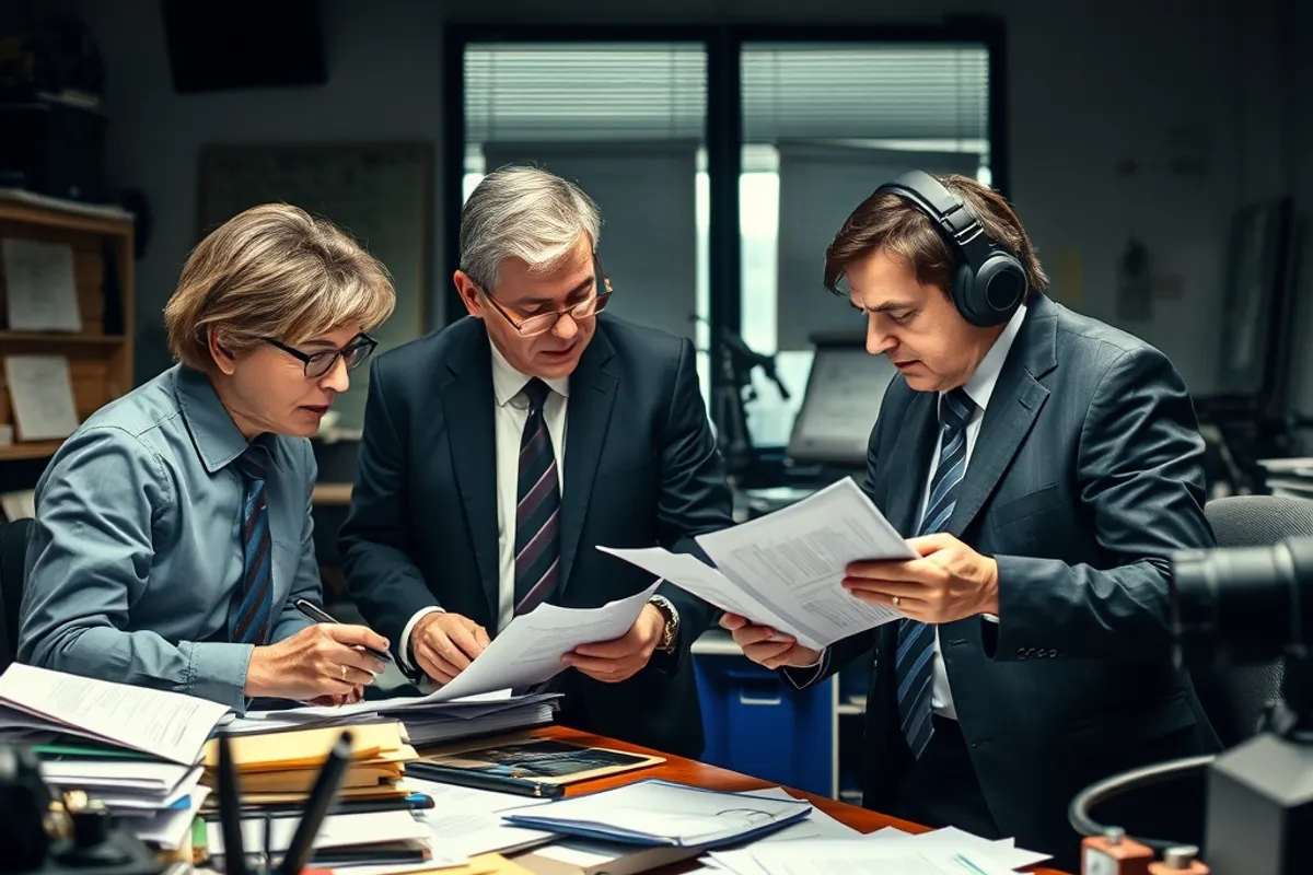 Editors reviewing notes and documents around a newsroom table