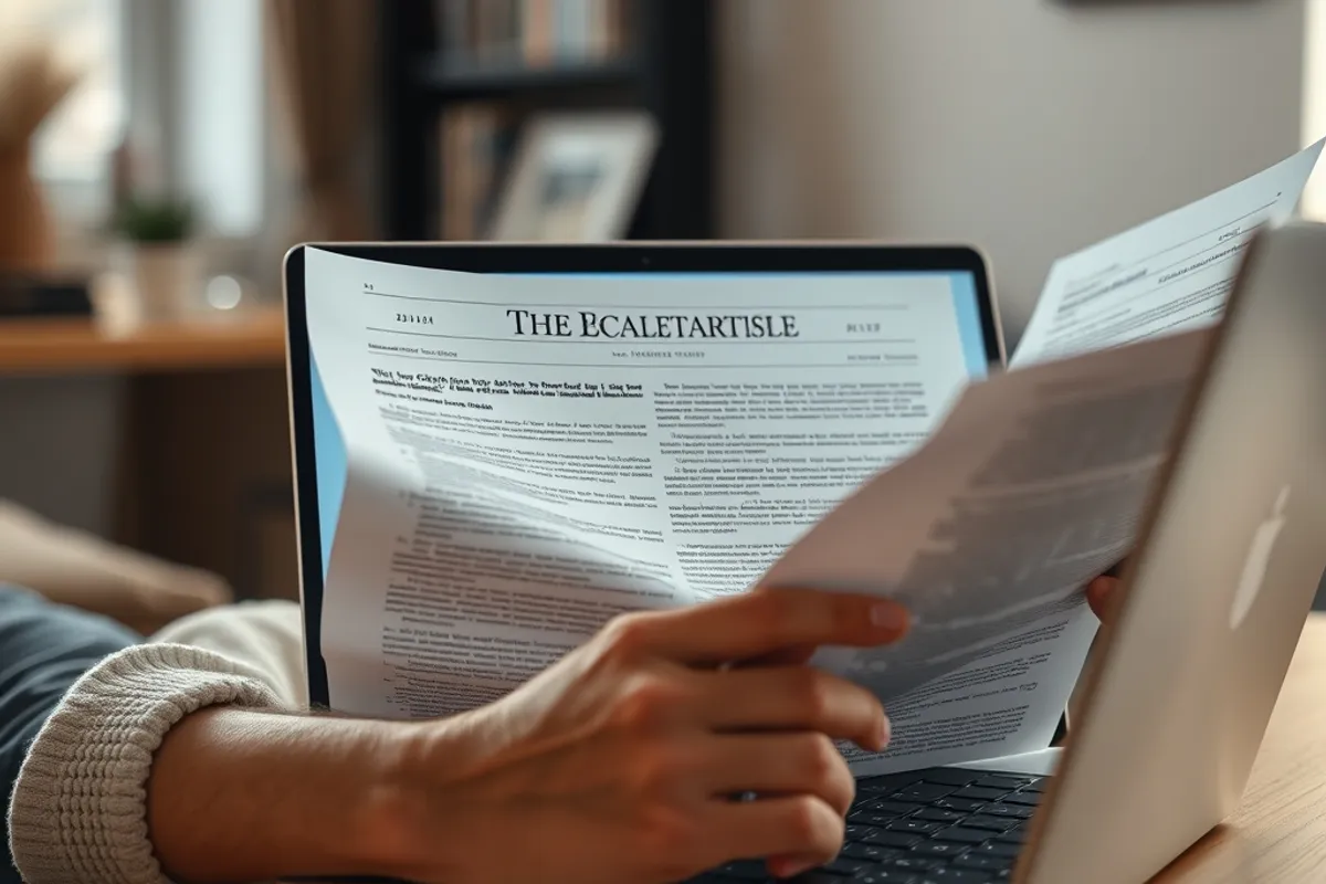 Reader comparing an online article with an official document on a laptop