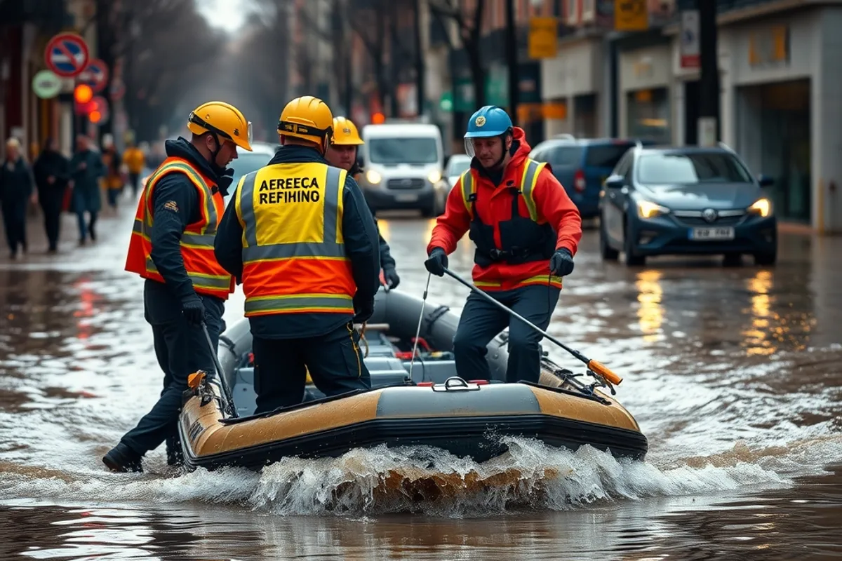 Rescue workers in high-visibility gear using a boat on a flooded street