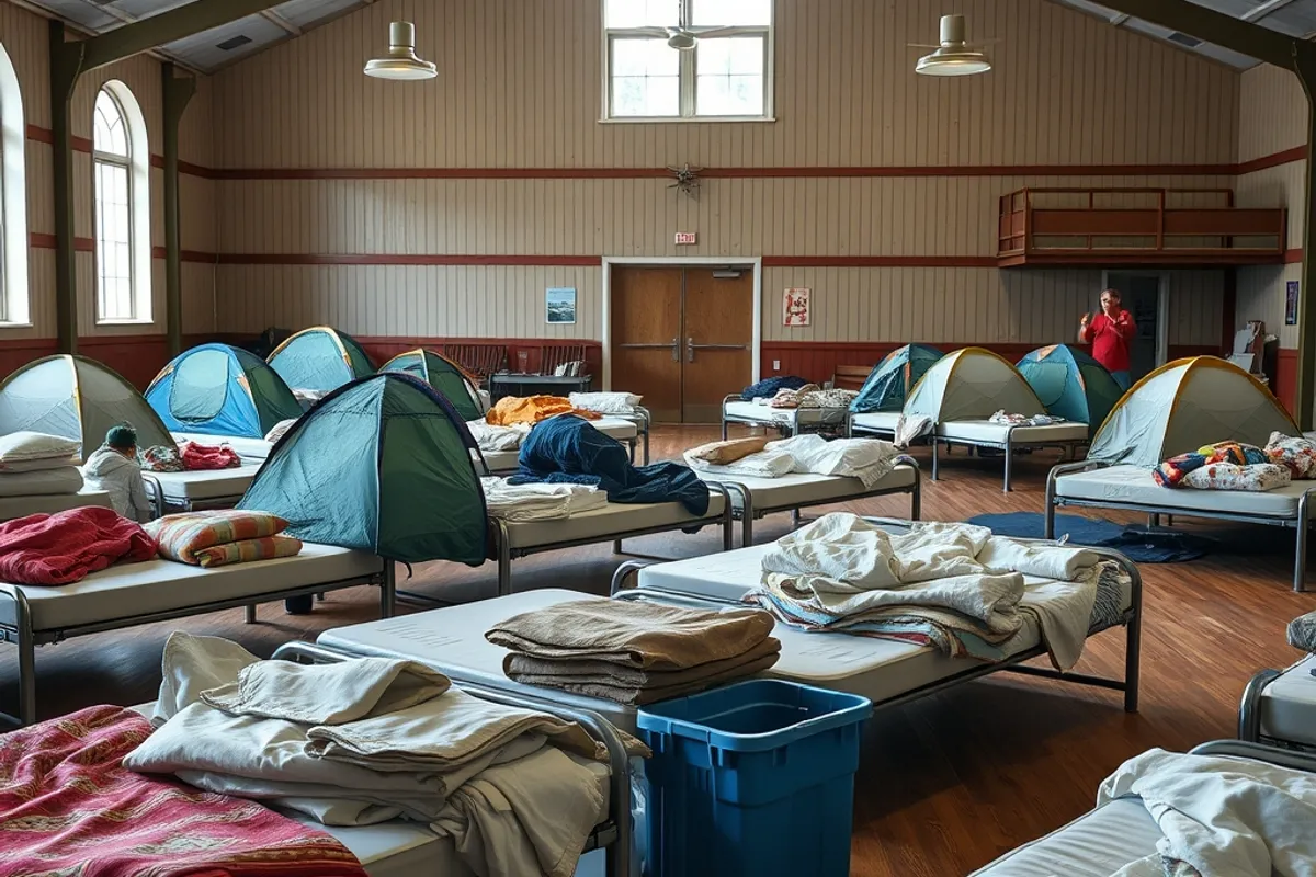Emergency shelter set up in a community hall with beds and supplies