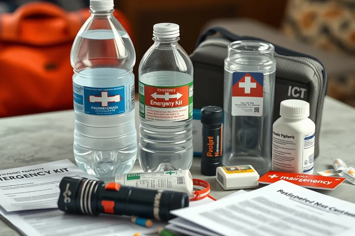 Family emergency kit with water bottles, torch, documents and medication