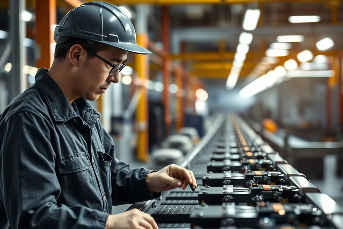 Worker inspecting components at a modern assembly plant
