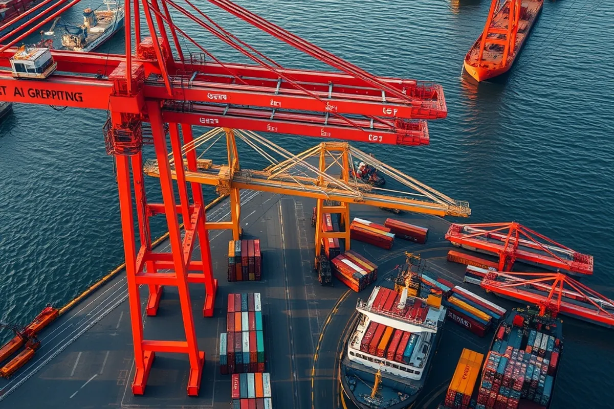 Aerial view of a busy container port with cranes and stacked boxes