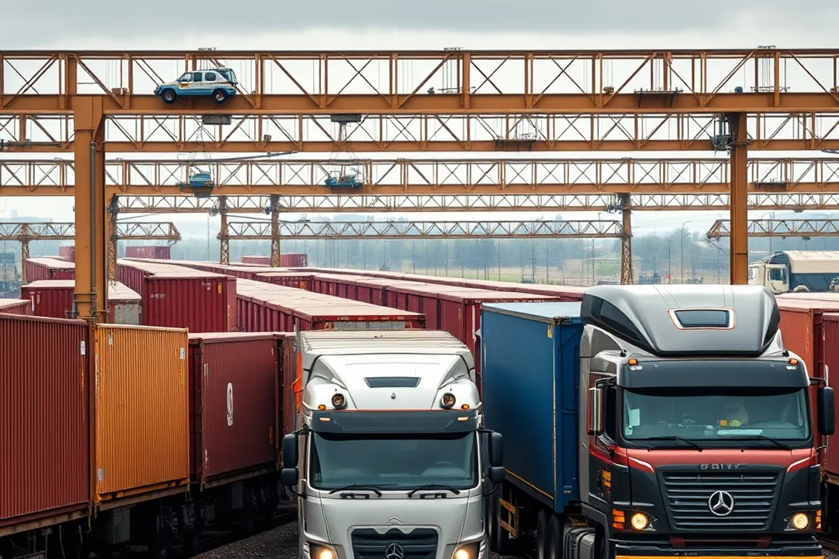 Freight trains and trucks moving containers at an inland logistics hub