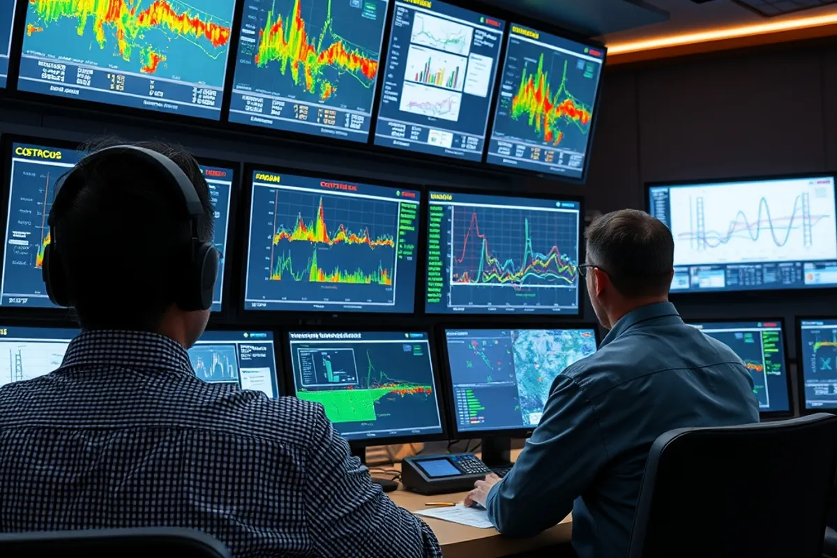 Control room operators monitoring large screens showing power demand
