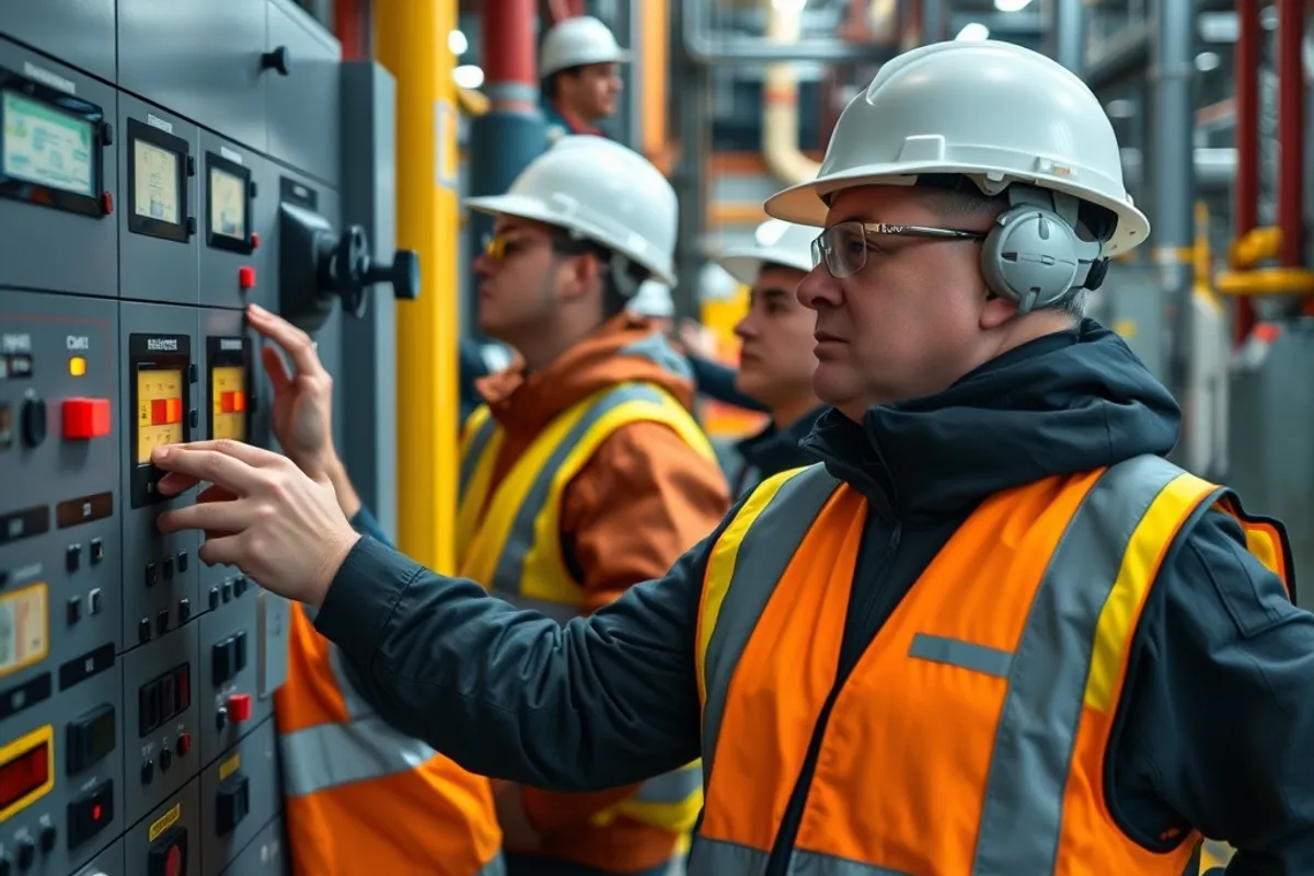 Industrial facility control panel with engineers adjusting settings