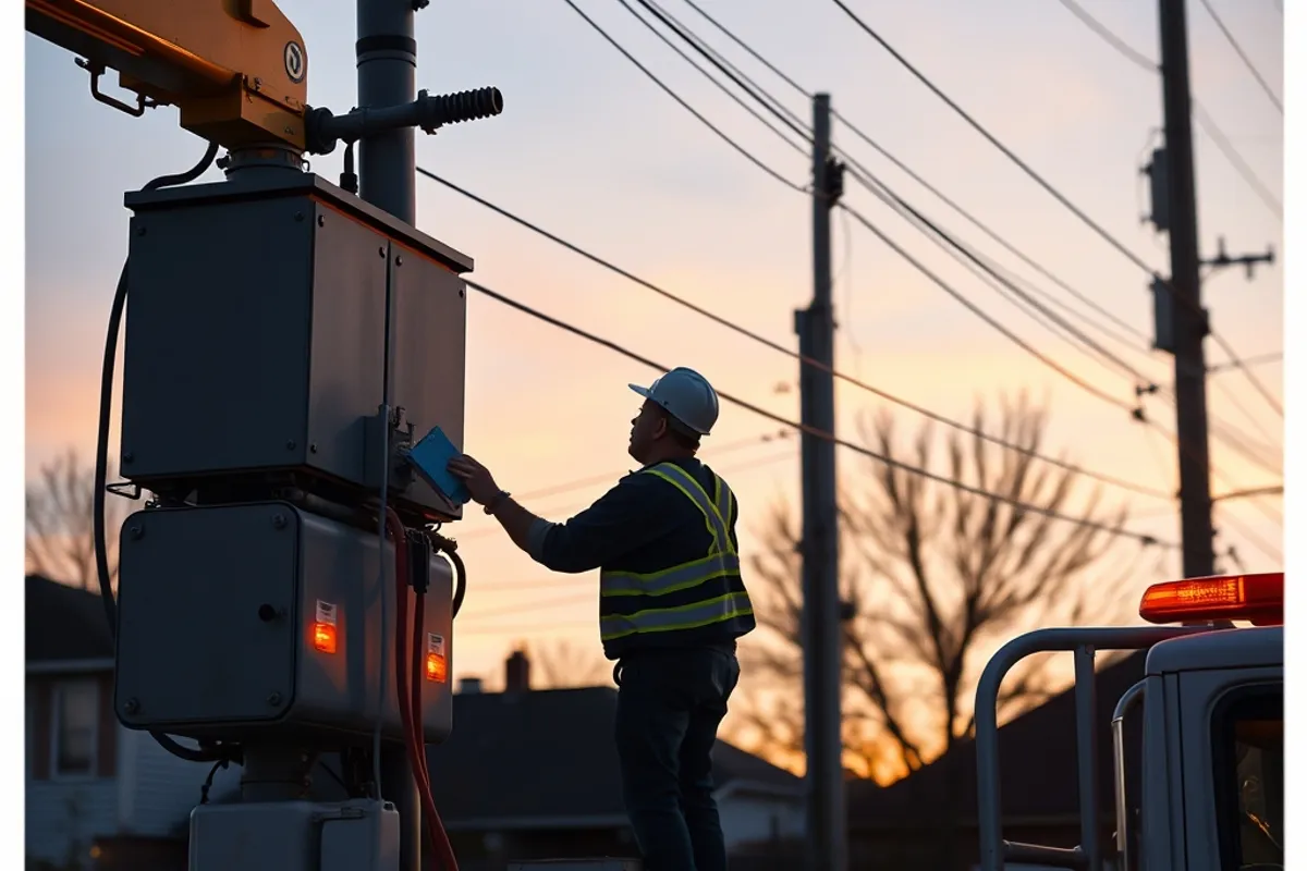 Utility worker inspecting a neighbourhood transformer at dusk
