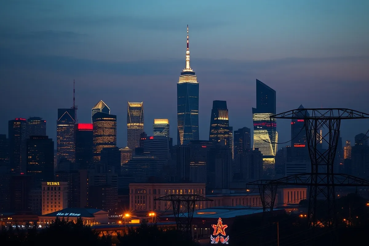 City skyline at dusk with lights on and power lines in the foreground