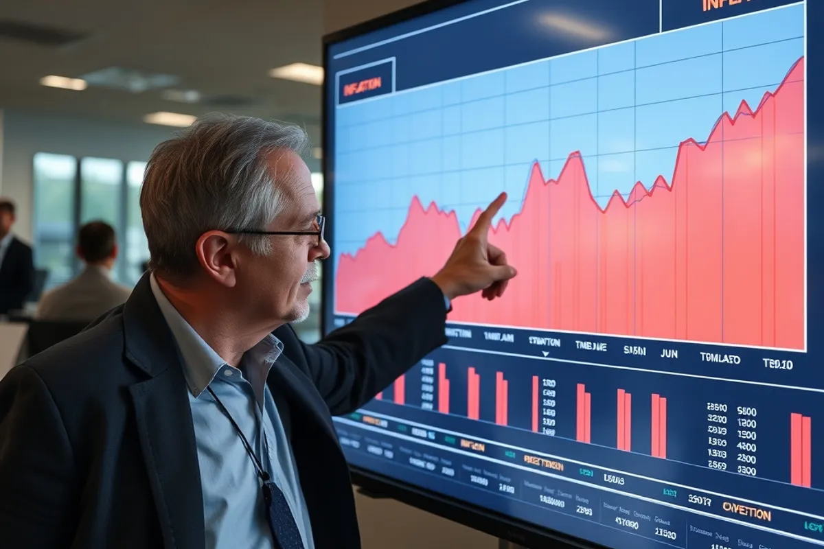 Economist pointing at an inflation trend chart on a screen