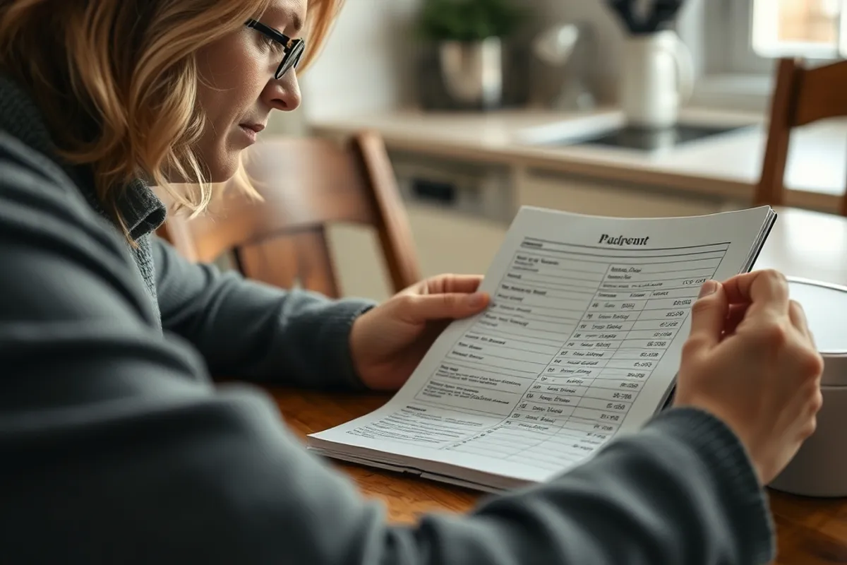 Person reviewing household receipts and a budget notebook at a table