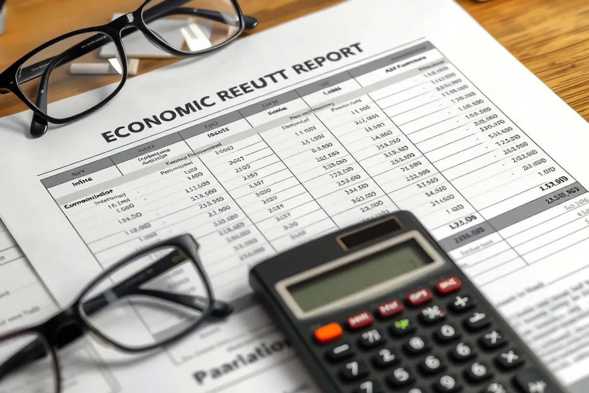 Printed economic report with inflation tables and a calculator