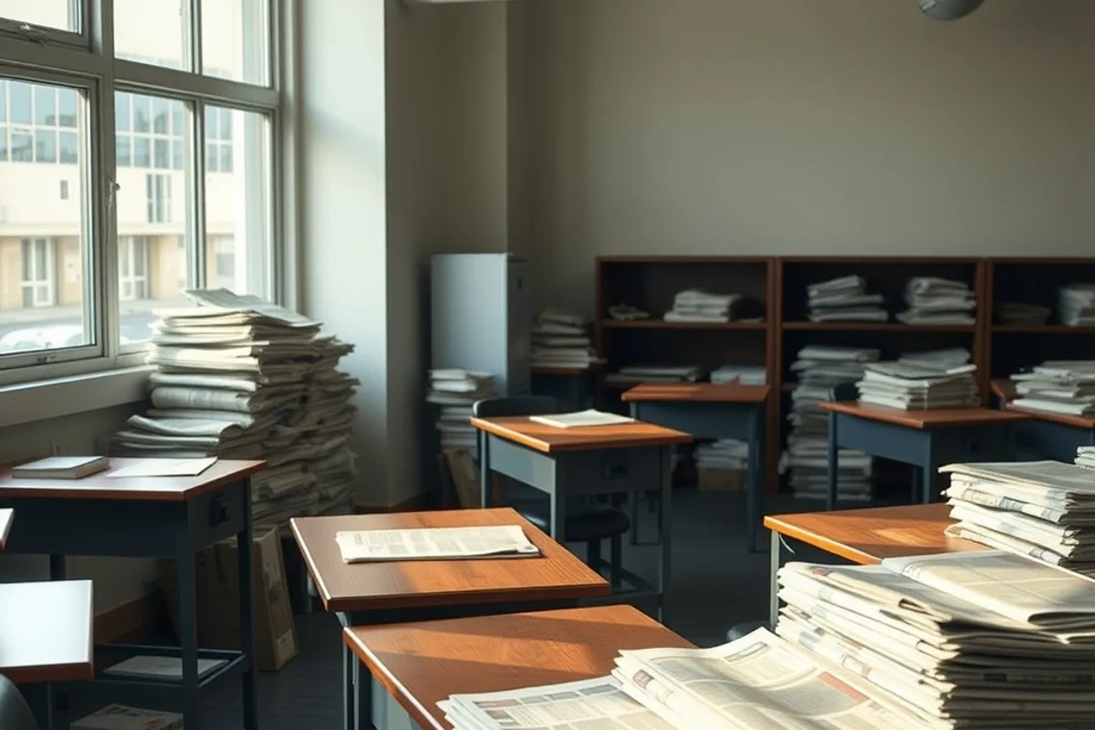 Empty newsroom desks with old newspapers stacked nearby