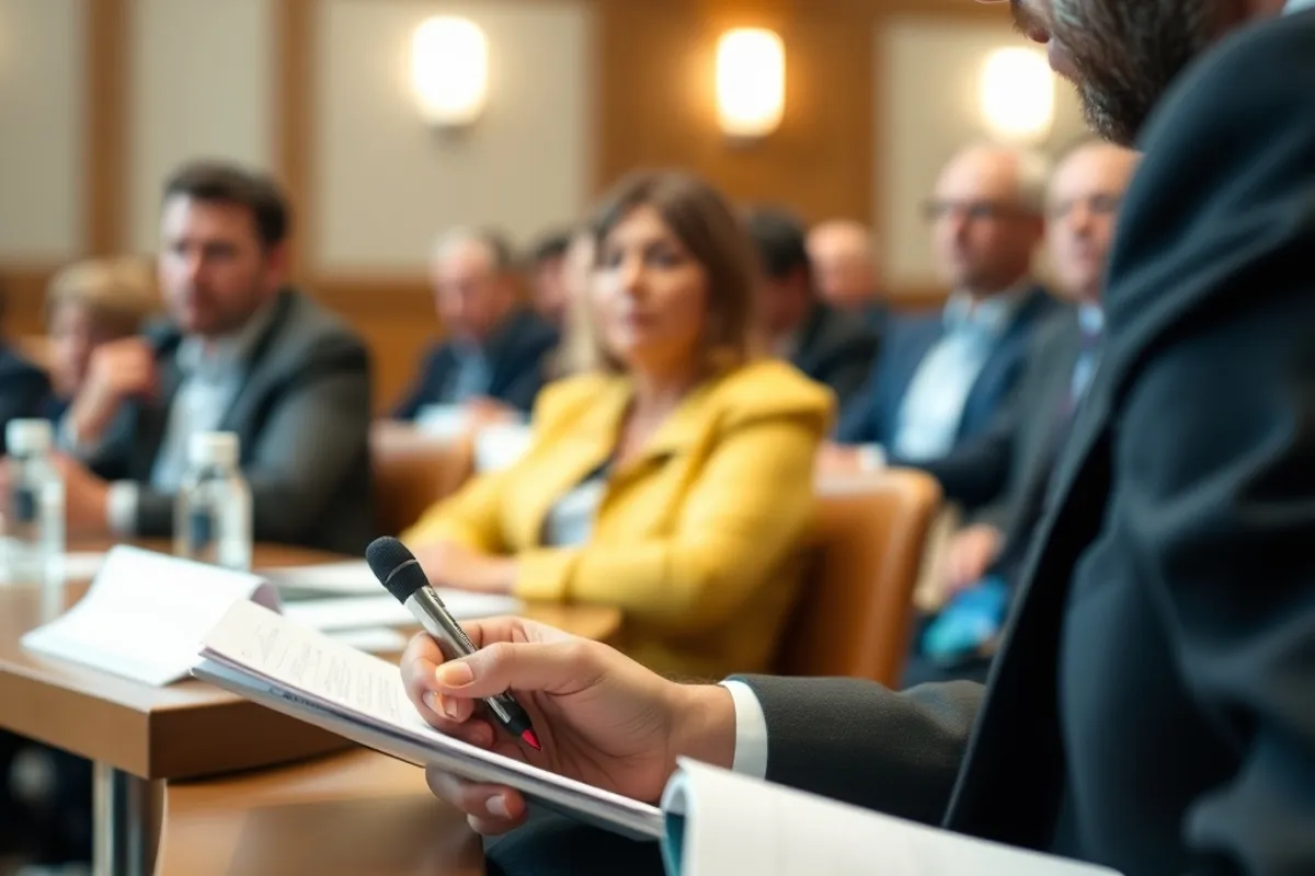 Reporter taking notes during a public council meeting