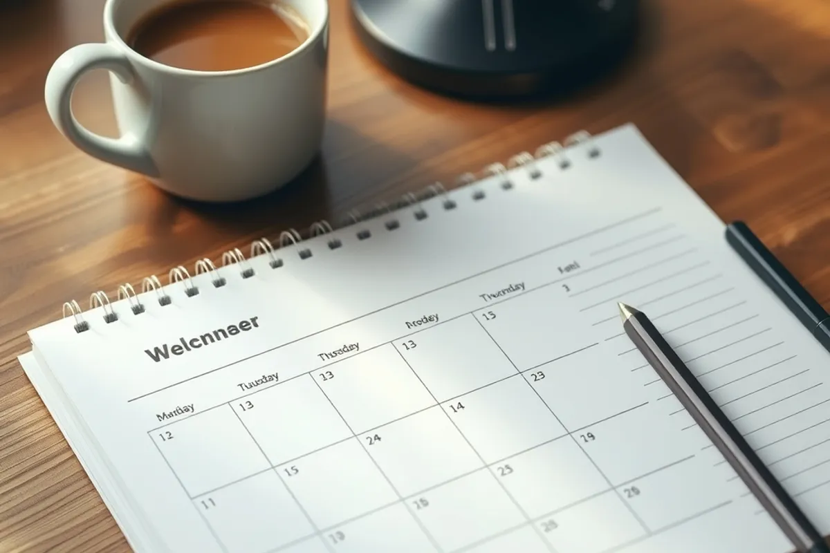 Notebook with a weekly calendar and a cup of coffee on a desk