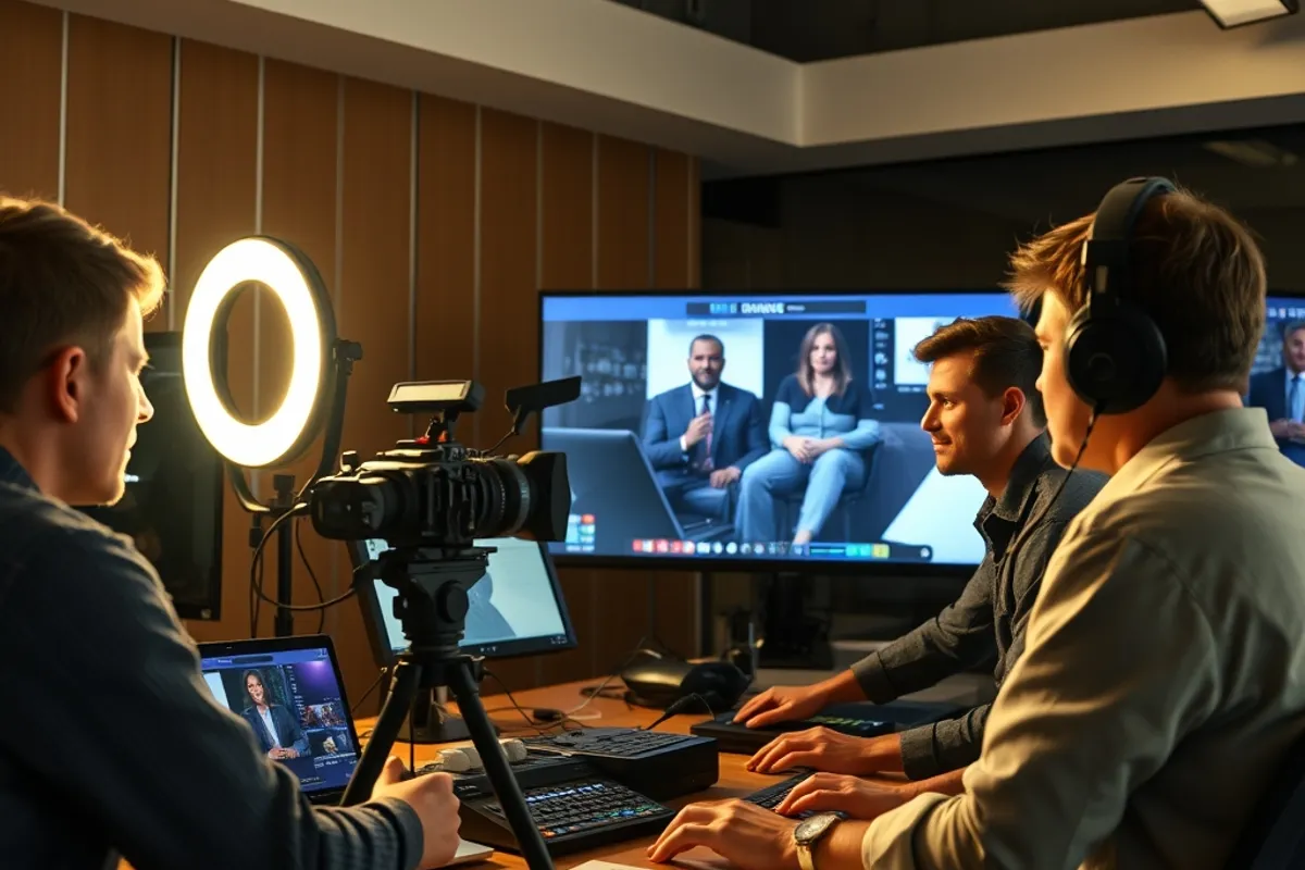 Newsroom team producing a vertical video at a editing desk