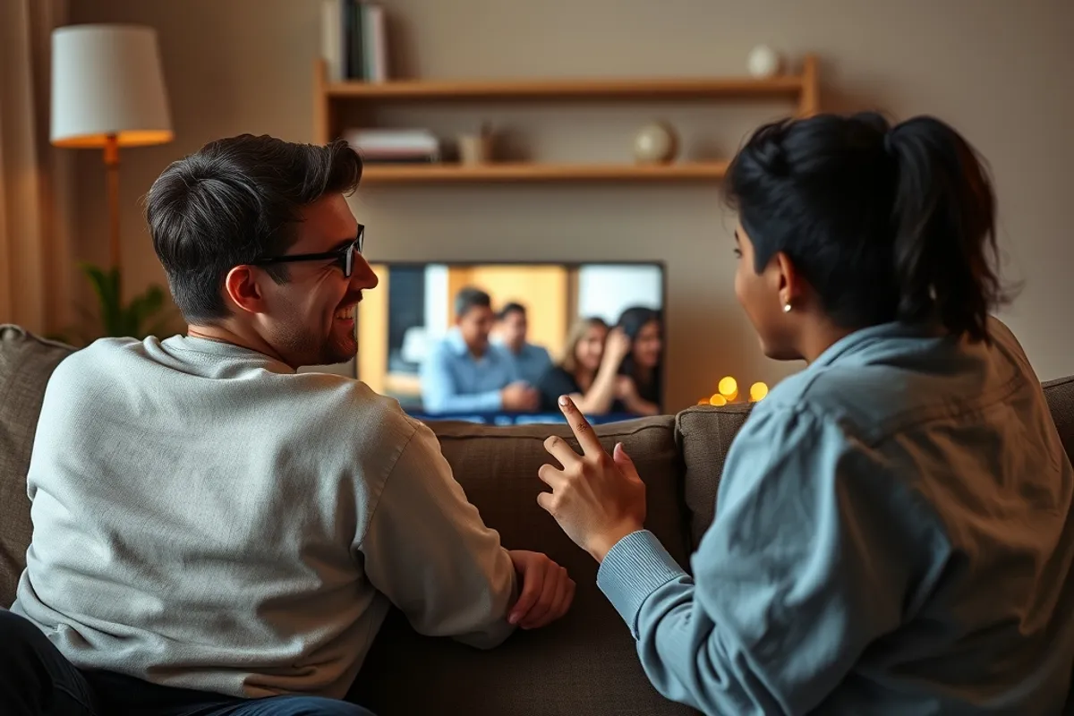 Two people watching a video together and discussing it on a sofa