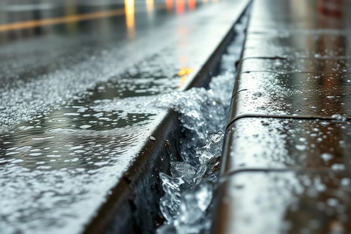 Rainwater flowing quickly along a street gutter during a downpour