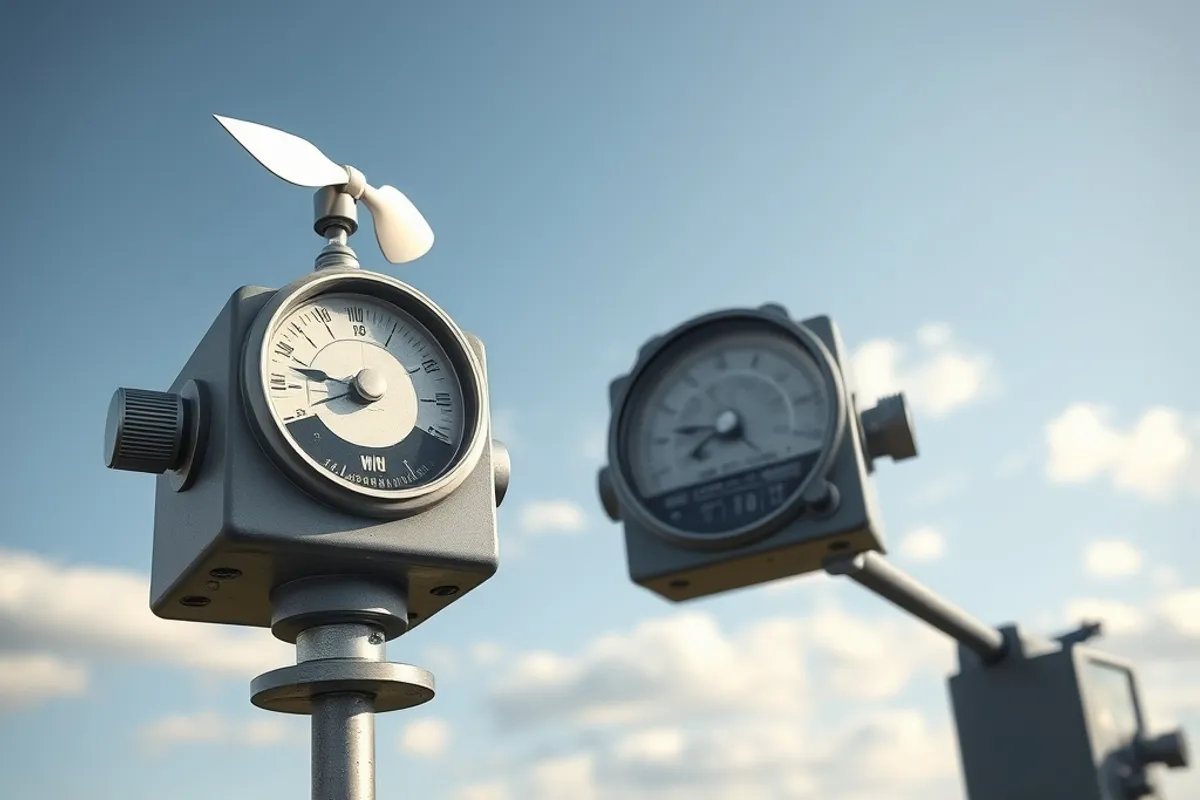 Weather station instruments measuring wind and rainfall in a field