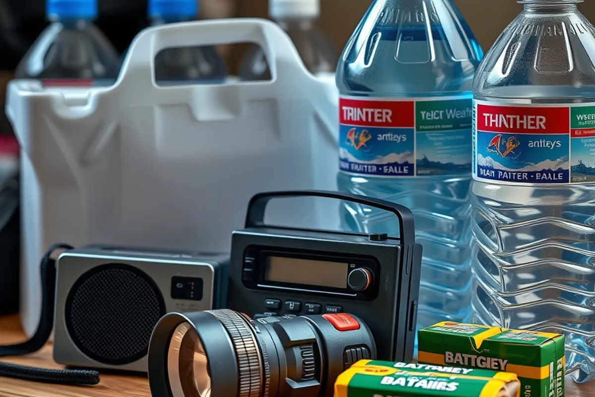 Household weather preparedness kit with torch, radio and water bottles